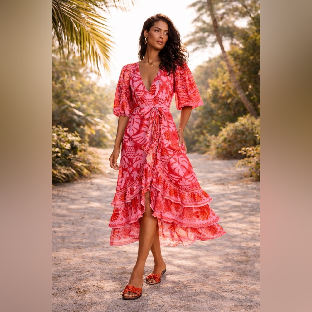 Farm Rio Jungle Scarf Wrap Midi Dress Pink Red Size XL New With Tags - Picture 2 of 11